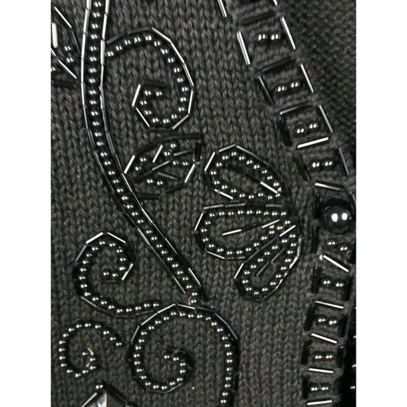 Festive Black Beaded Holiday Knit Vest Size Large Button Front Vintage - Picture 6 of 9